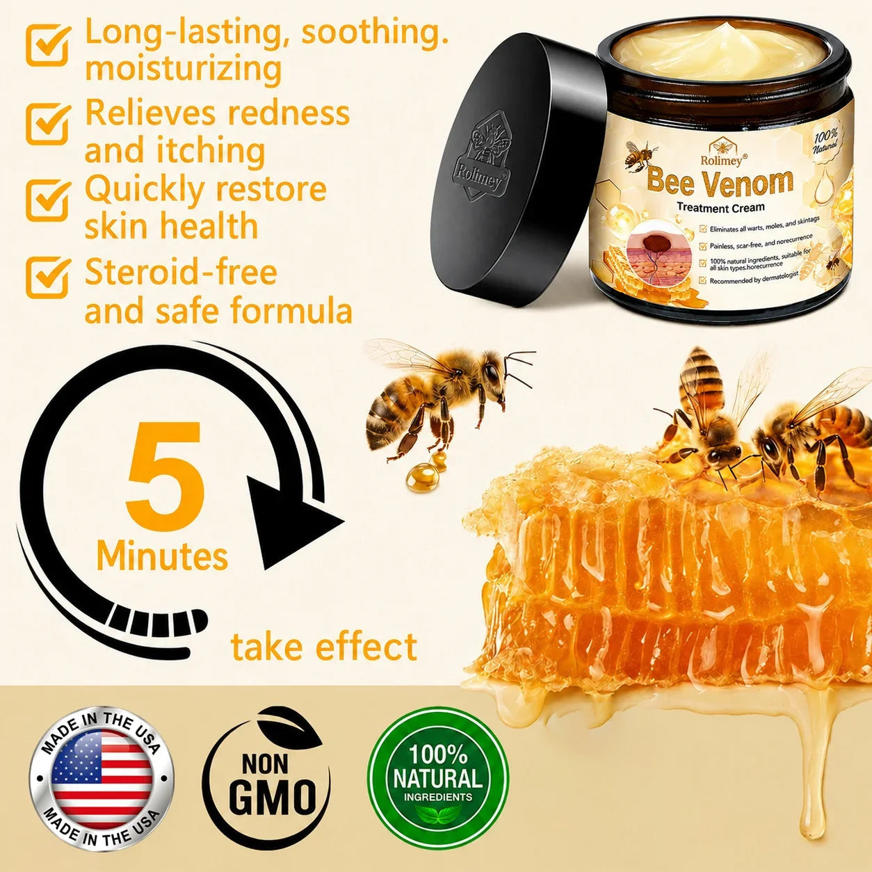 ✅✅Rolimey® Bee Venom Skin Treatment Cream - (Helping with acne, rosacea, psoriasis, age spots, eczema, and reducing the appearance of stretch marks)