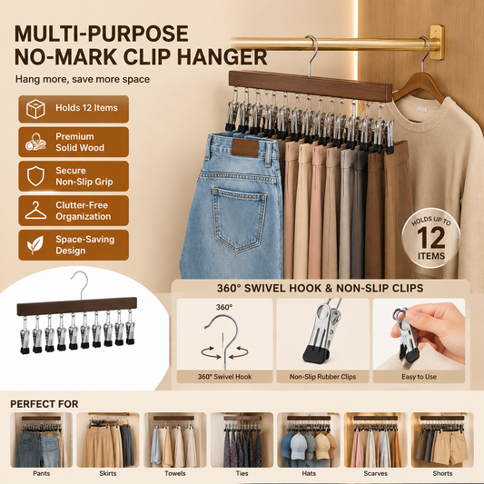⏳Last Day 50% OFF⏳-- ✅Multi-Purpose Wooden Closet Organizer – 12 Stainless Steel Clips for Hats, Clothes, Pants, Jeans, Leggings, Ties, Scarves, Belts & More, Maximize Closet Space